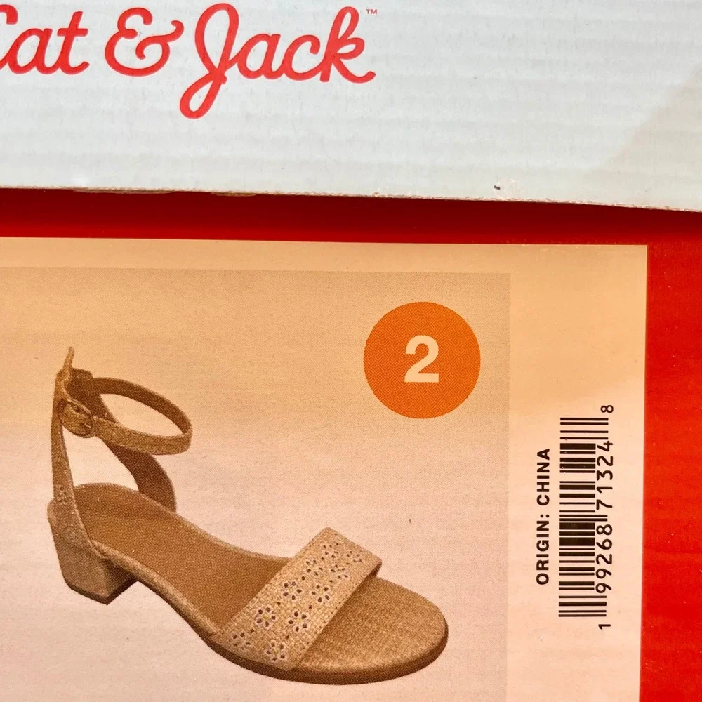 Cat & Jack Shirley Kids Tan Woven Floral Embroidered Block Heel Sandals Size 2